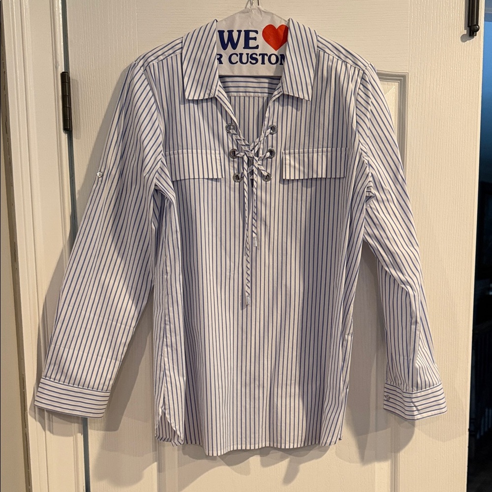 Calvin Klein Navy and White Striped Button Down Shirt